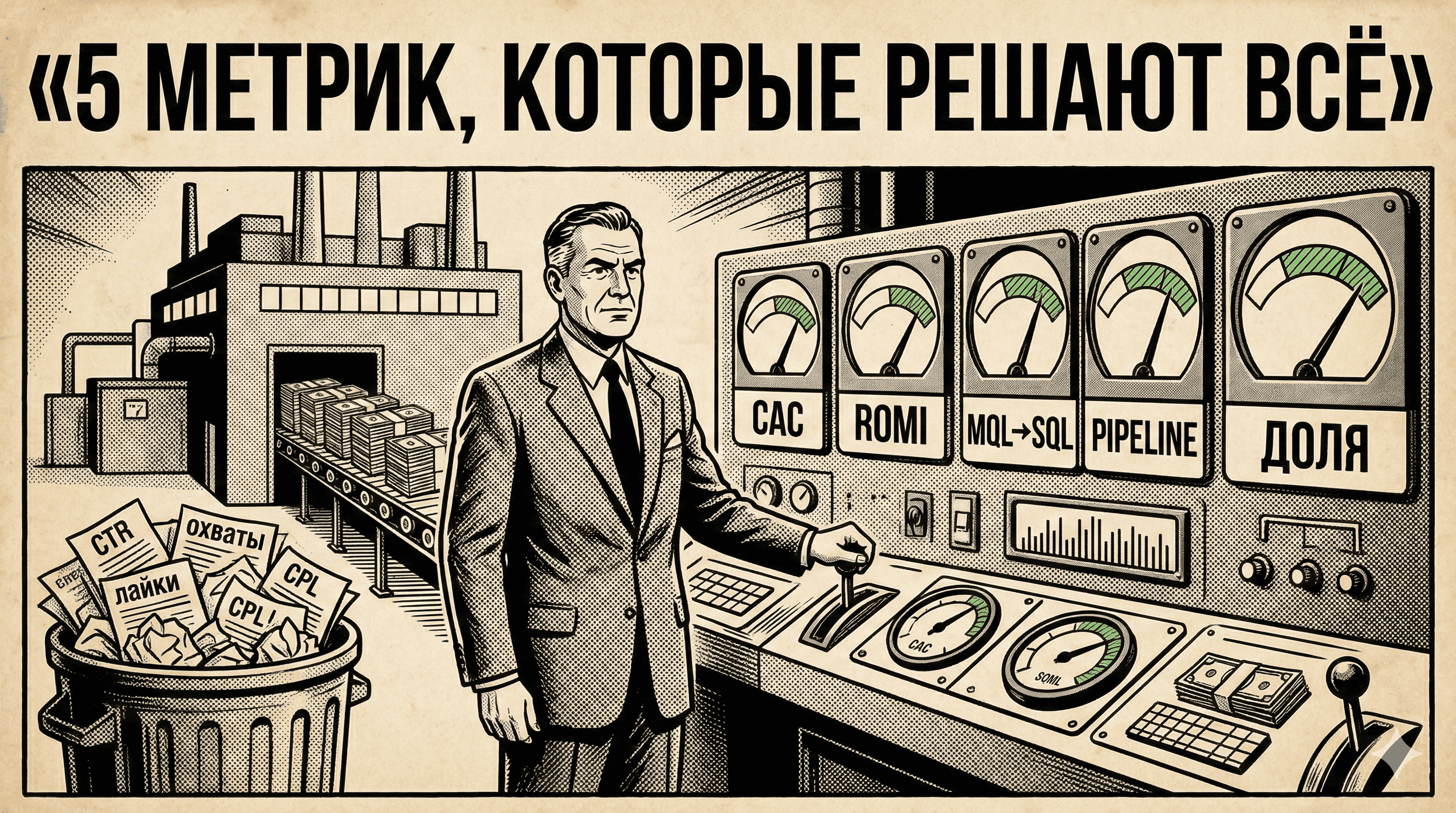 Пять денежных KPI маркетолога — CAC, ROMI, LTV, конверсия воронки, pipeline velocity на фоне реальных денег