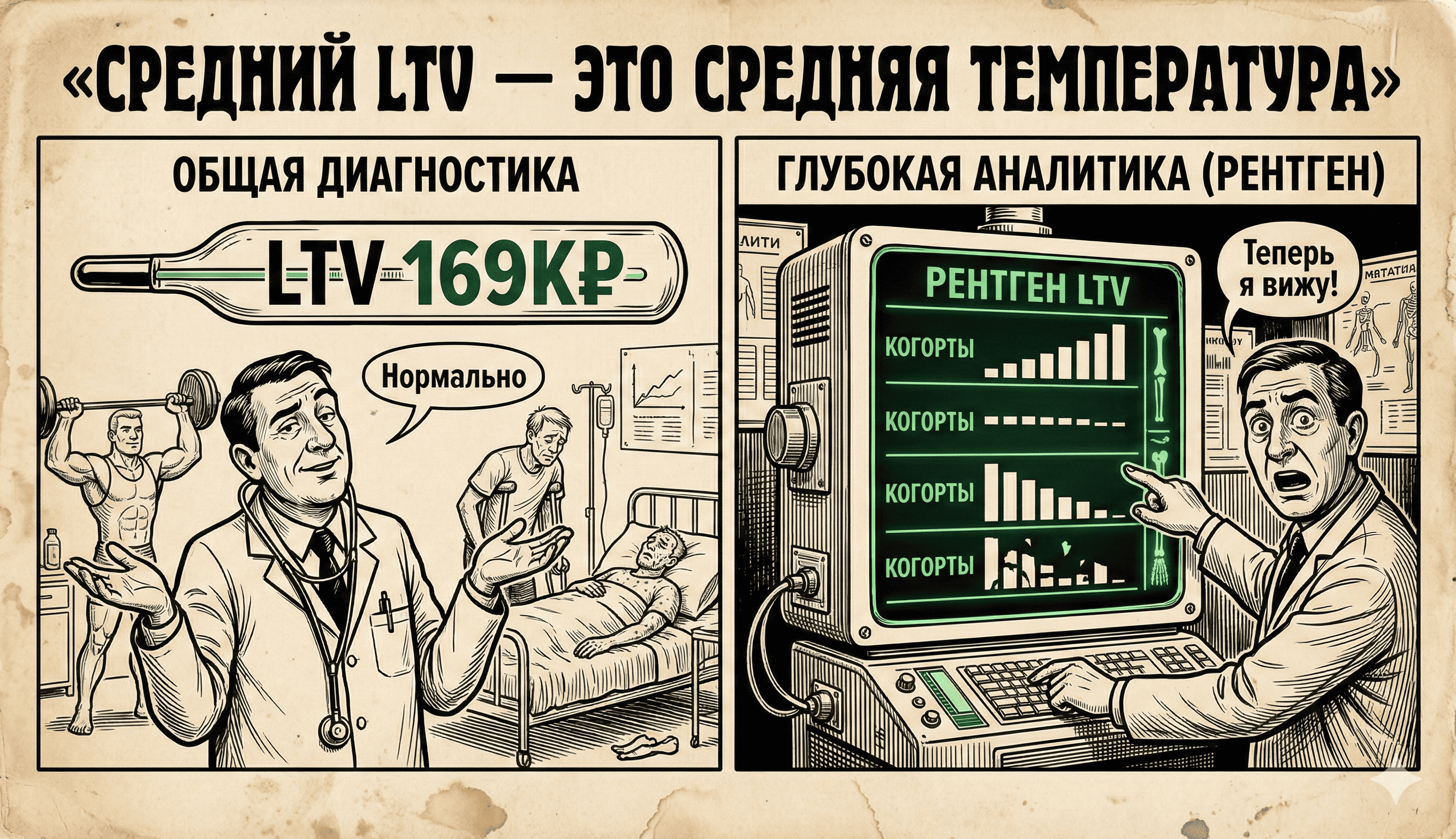 Средний LTV — это средняя температура: общая диагностика показывает 169К — нормально, а рентген по когортам показывает реальную картину