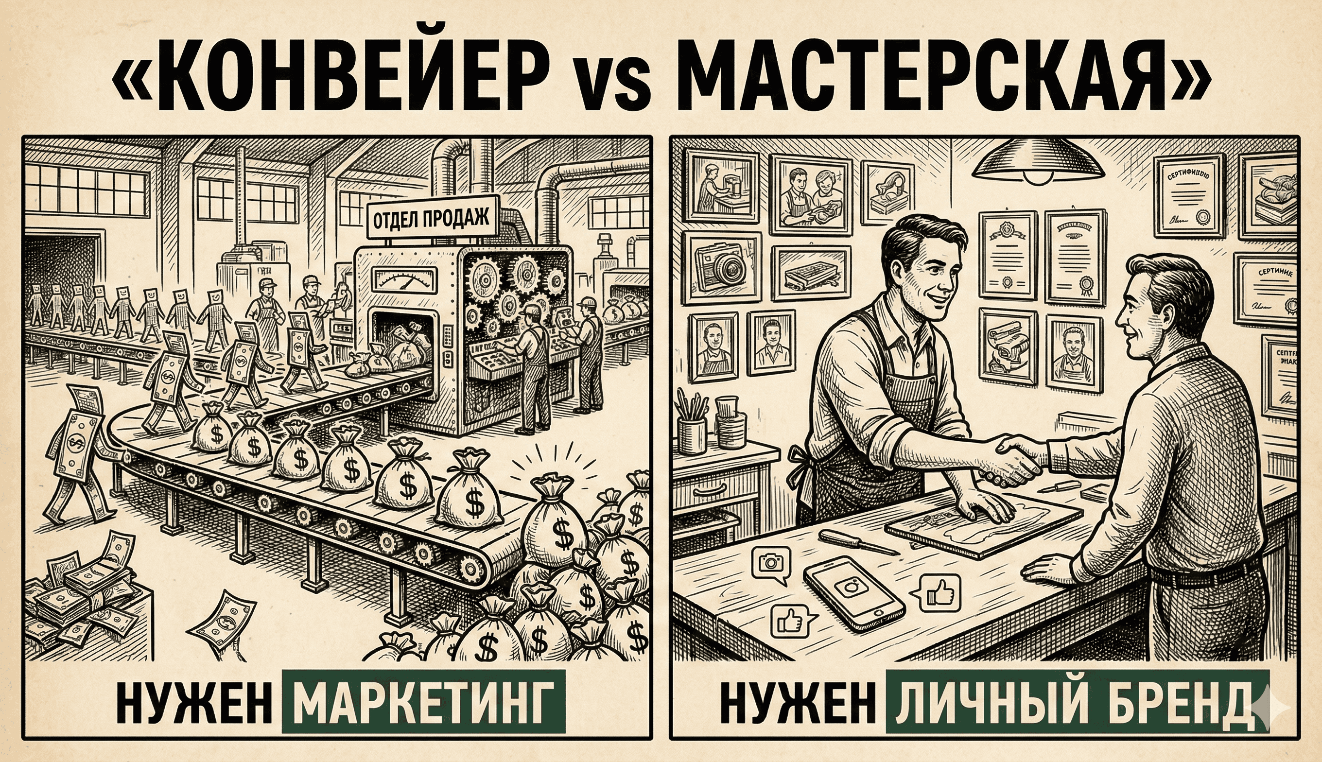 Два типа бизнеса: конвейер с маркетинговой машиной vs мастерская с личным брендом