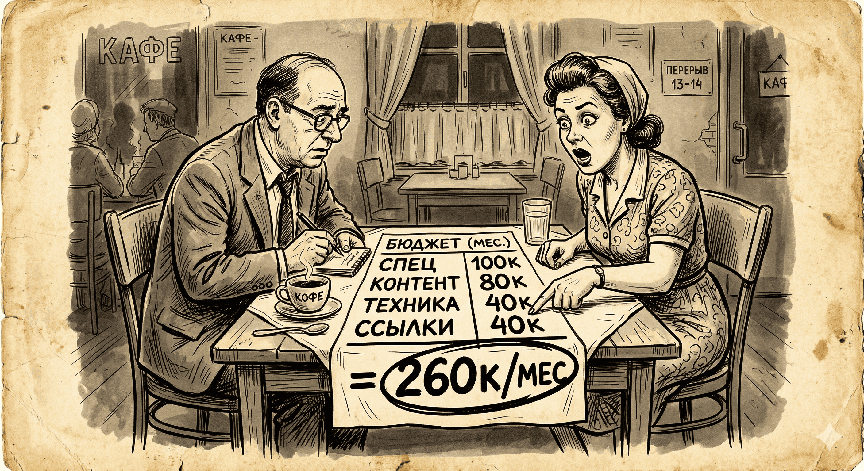 Бюджет на SEO — расклад на салфетке: специалист 100К, контент 80К, техничка 40К, ссылки 40К = 260К/мес