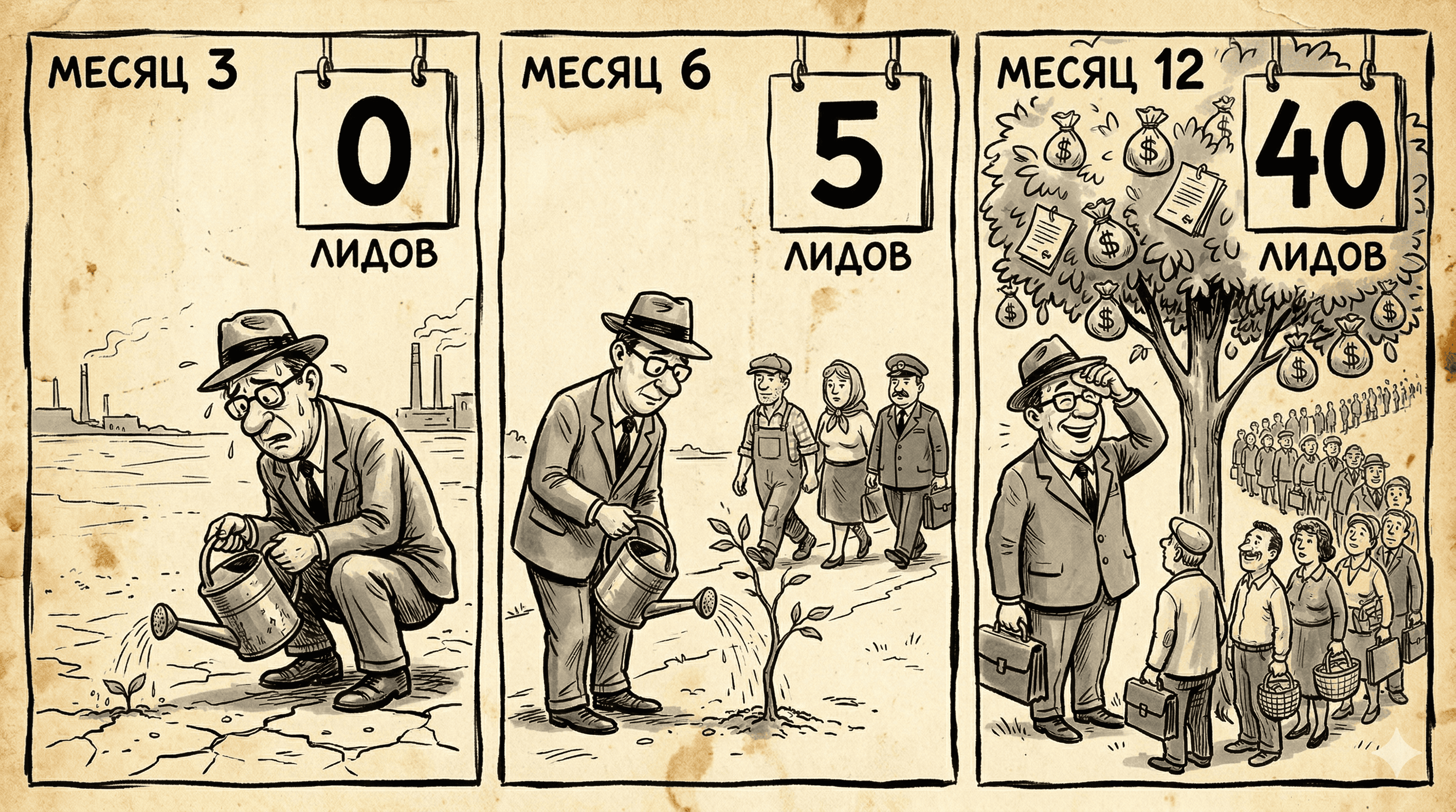 Рост лидов из SEO: месяц 3 — 0 лидов, месяц 6 — 5 лидов, месяц 12 — 40 лидов