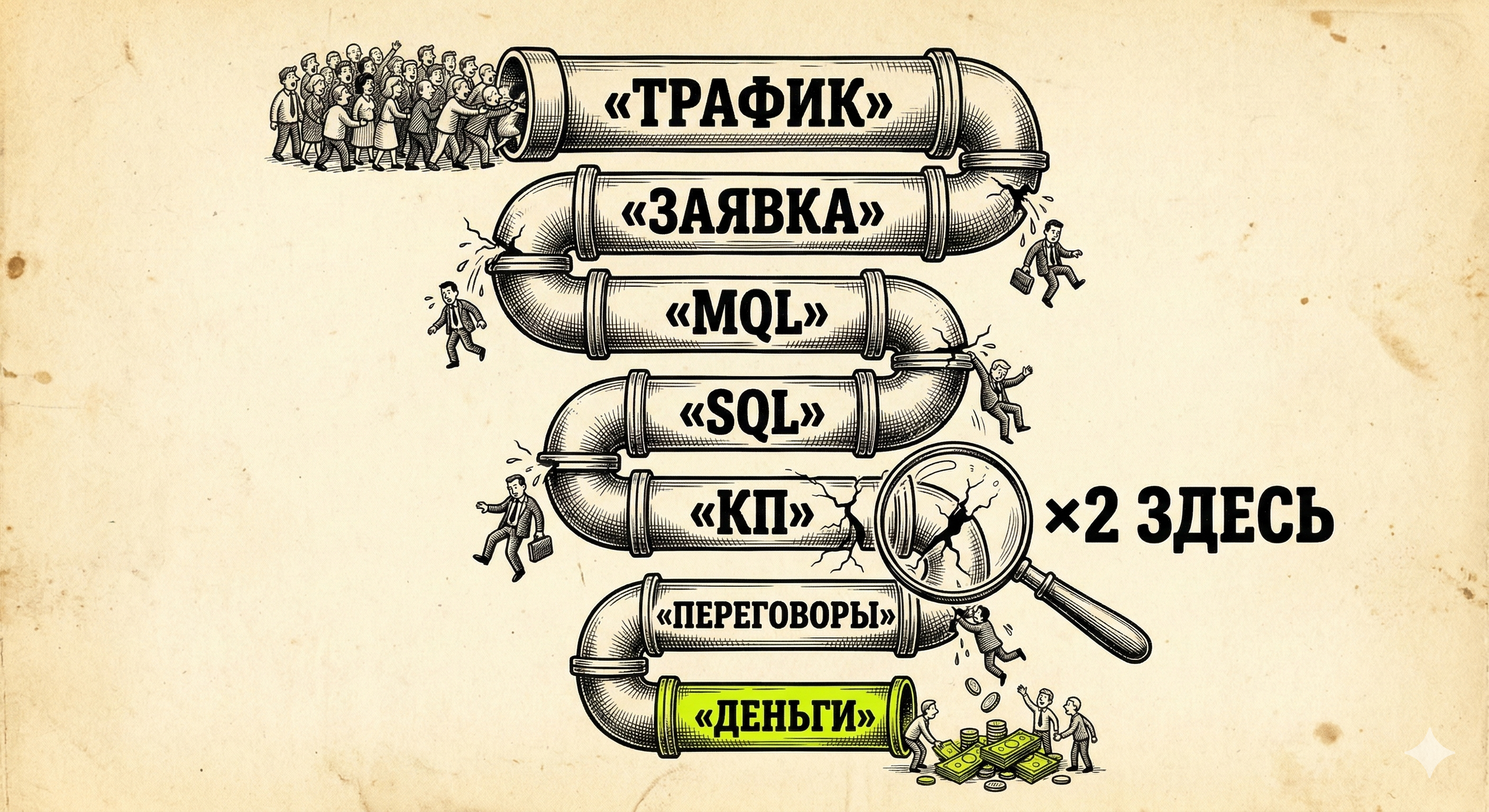 7 этапов воронки B2B: от трафика до денег — каскад труб, через щели которых выпадают лиды, самая большая дыра между КП и переговорами